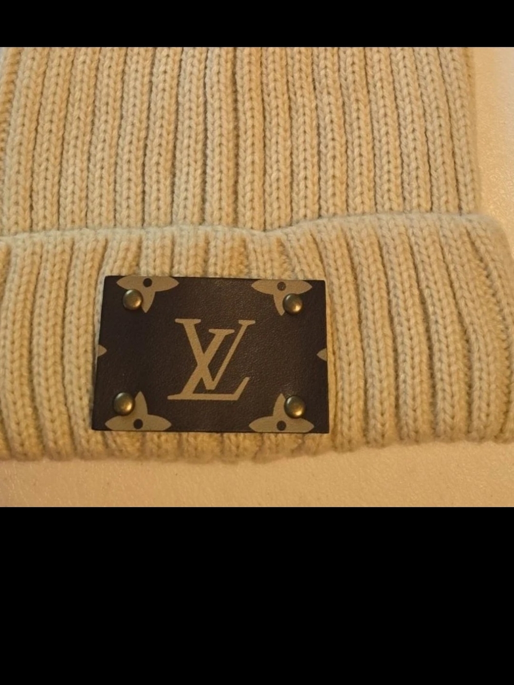 Cream Ribbed Knit Cuff Beanie with Monogram Plaque
